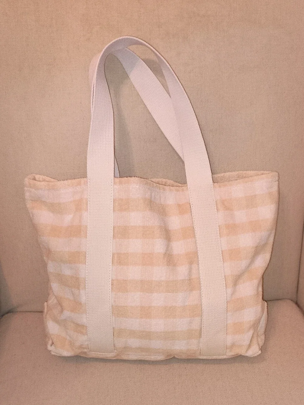 Loeffler Randall Cream and White Gingham Terry Cloth Tote Bag